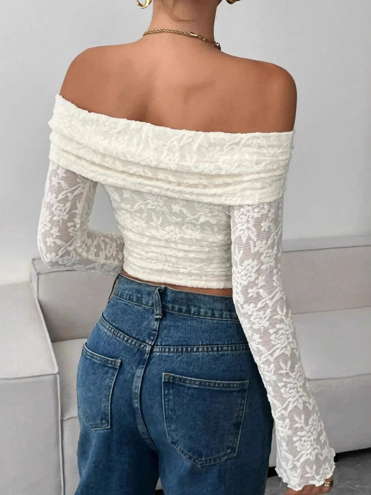 Off Shoulder Long Sleeve Lace Top