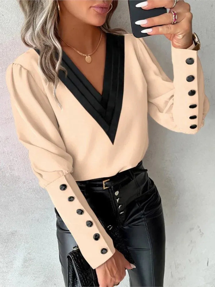 Top Elegante trendige Bluse mit V-Ausschnitt und langen Ärmeln