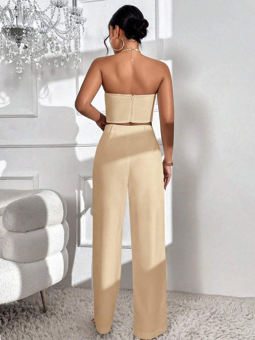 Conjunto Feminino CalÃ§a e Cropped Bege Lys