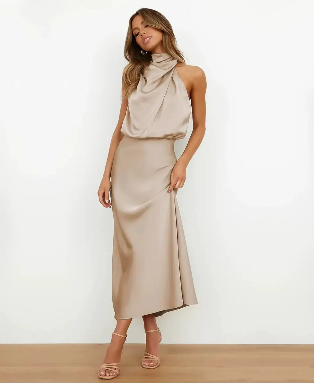 Women's Satin Midi Dress with Draped Neckline