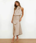 Women's Satin Midi Dress with Draped Neckline