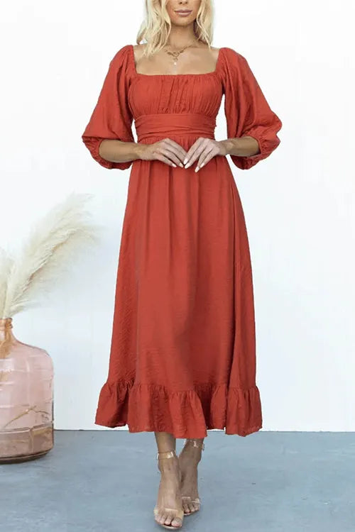 Bow Back Puff Sleeves Waisted Ruffle Midi Dress