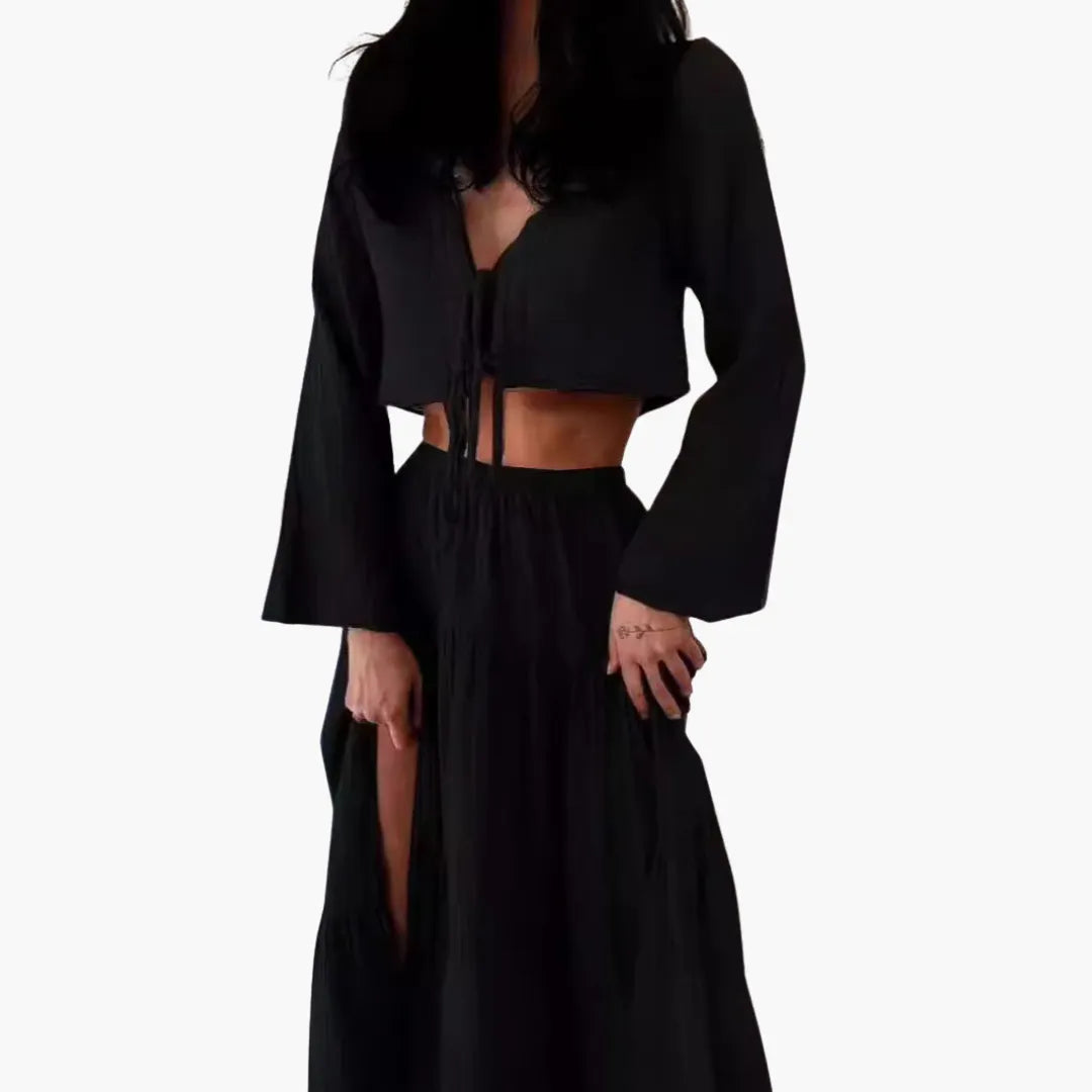 Womenâ€™s Two-Piece Set with Tie-Front Top and High-Slit Skirt