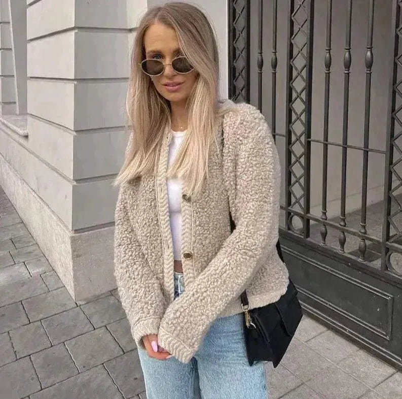 Women's Teddy Style Mid-Length Jacket With Buttons And Soft Texture
