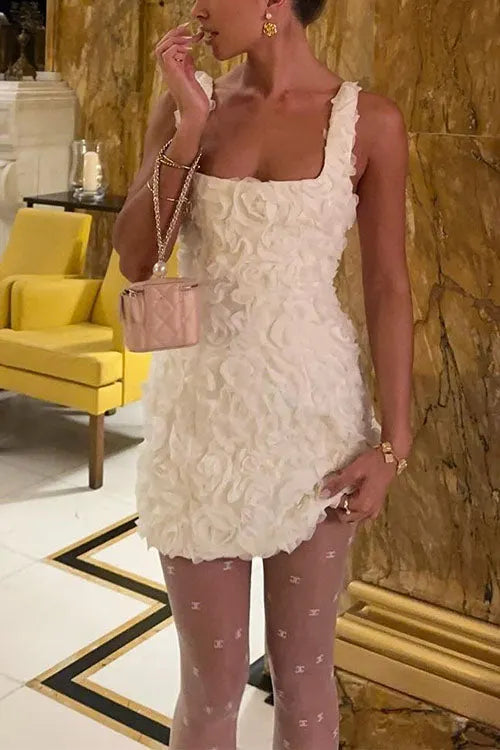 Chic Square Collar 3D Roses Sleeveless Mini Dress