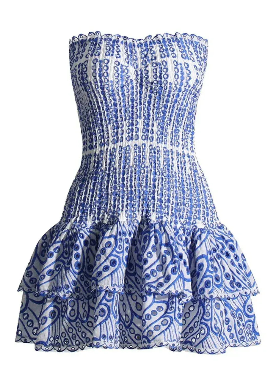 DOLCE | Strapless Zomerjurk Met Borduursel in Blauw â€“ Elegant, Luchtig & Verfijnd!