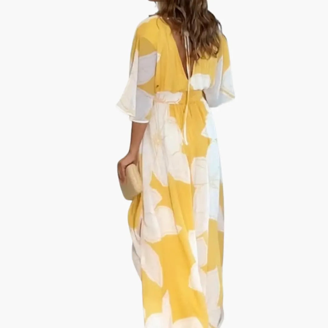 Womenâs Floral Summer Dress with V-Neckline and Wide Short Sleeves