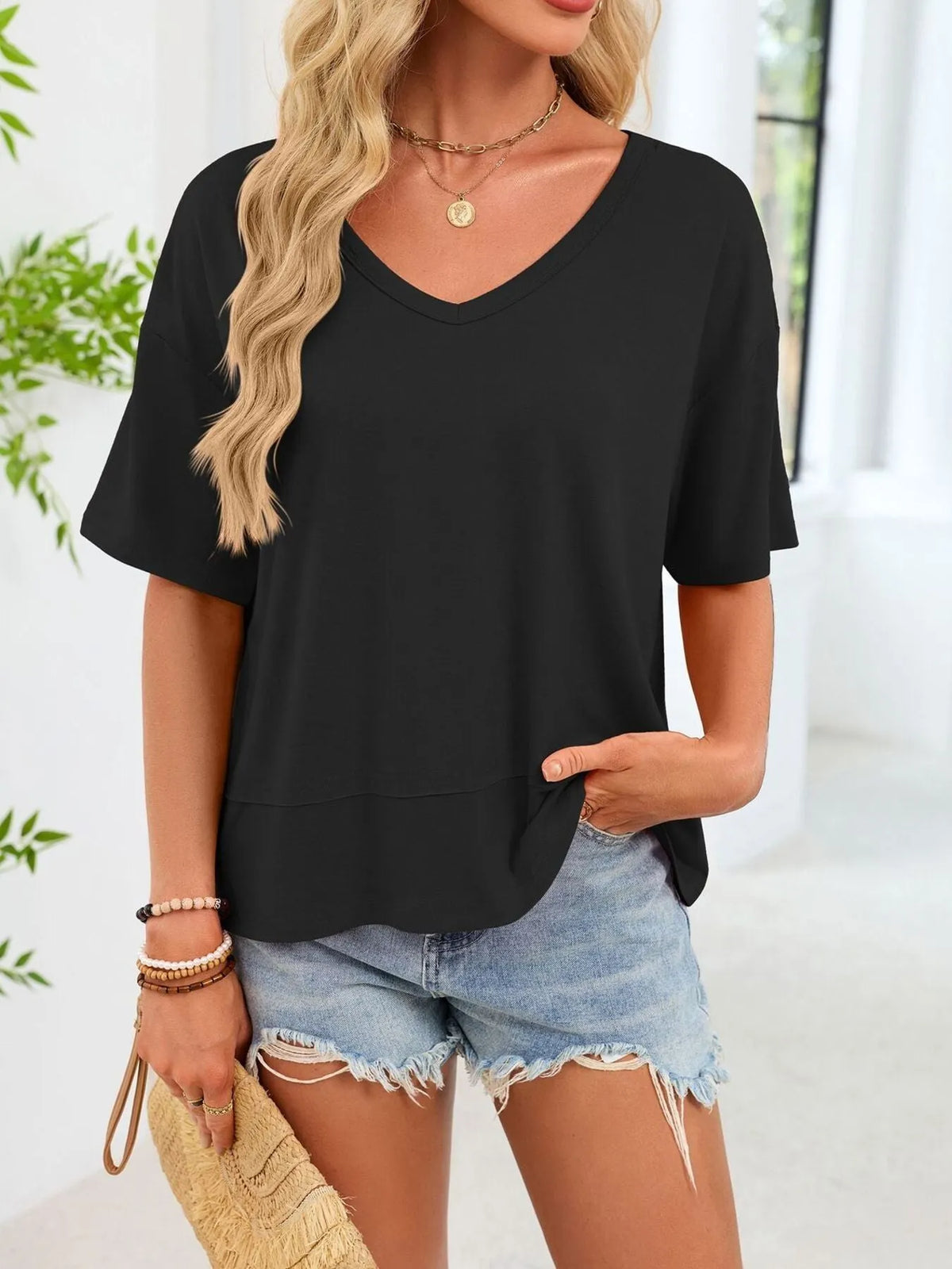 V-Neck Relaxed Fit Solid Color T-Shirt
