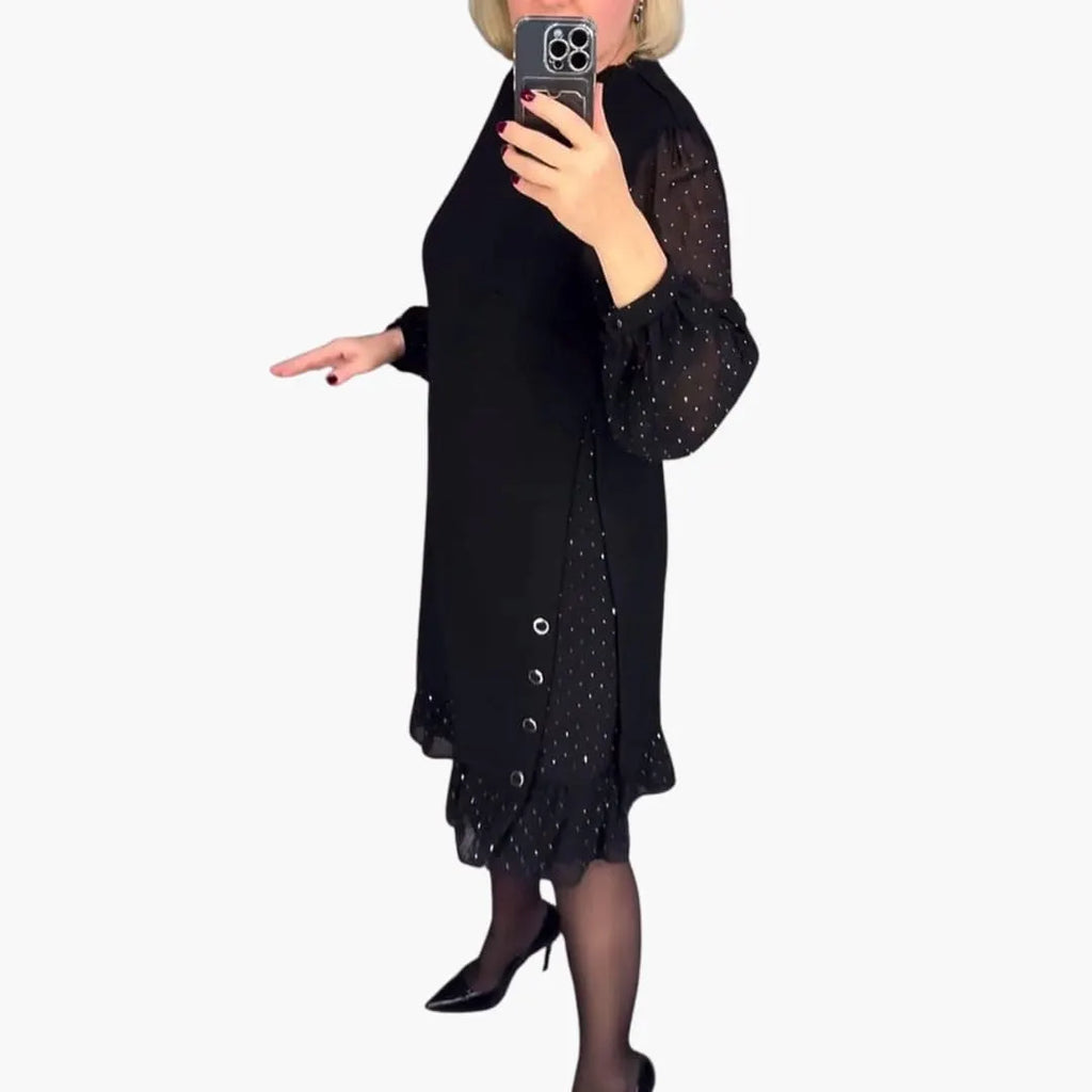 Women's Knee-Length Dress with Sheer Sleeves and Ruffle Hem