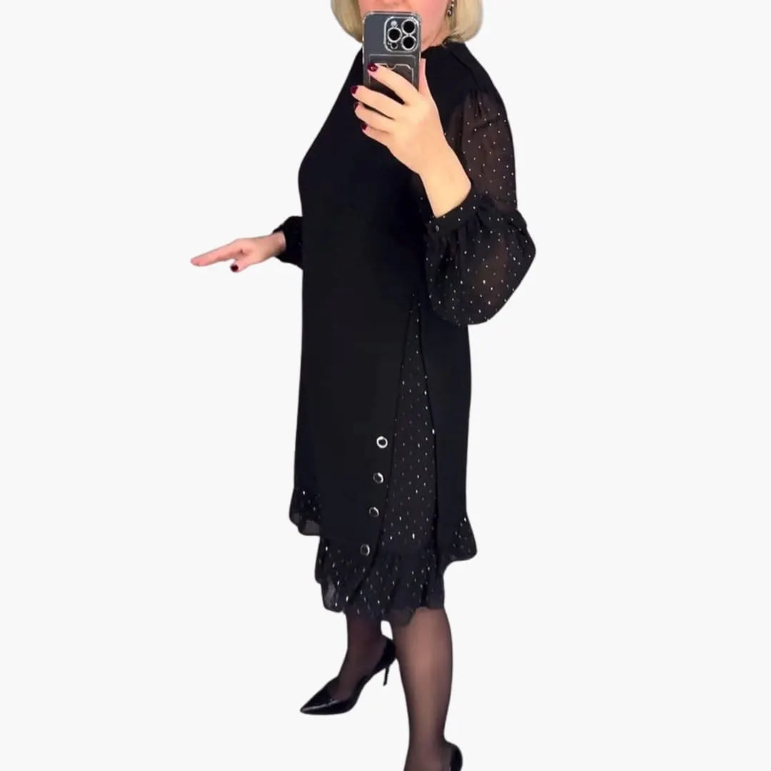 Women's Knee-Length Dress with Sheer Sleeves and Ruffle Hem
