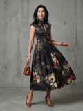 Greta | High Neck Keyhole Floral Pleated Midi Dress