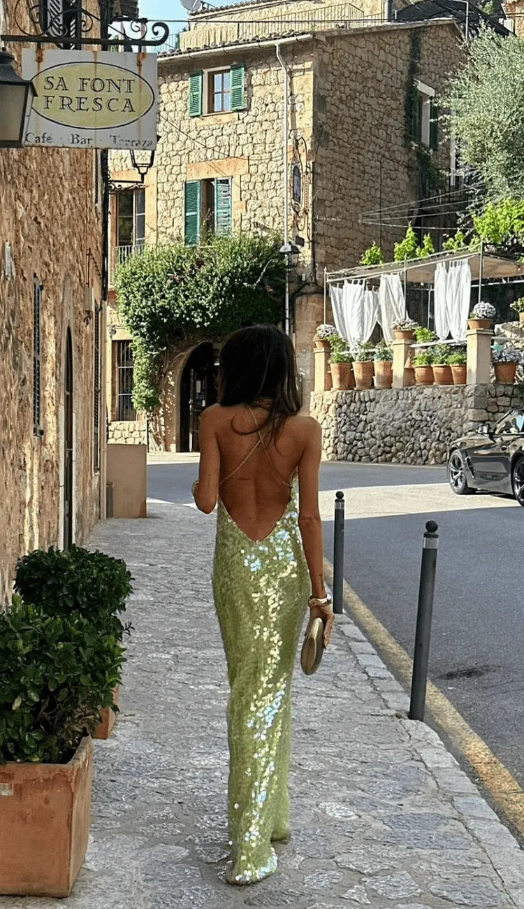Pailletten Maxi-Kleid – Funkelnde Spaghetti-Träger