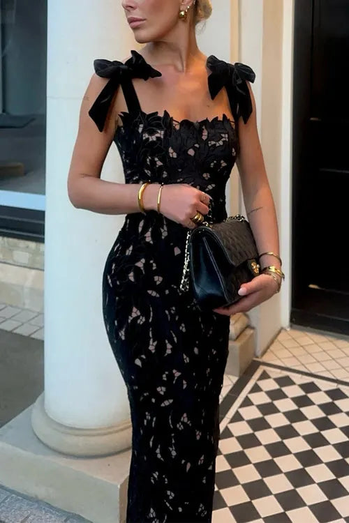 Bow Shoulder Lace Hollow Out Bodycon Maxi Cami Dress