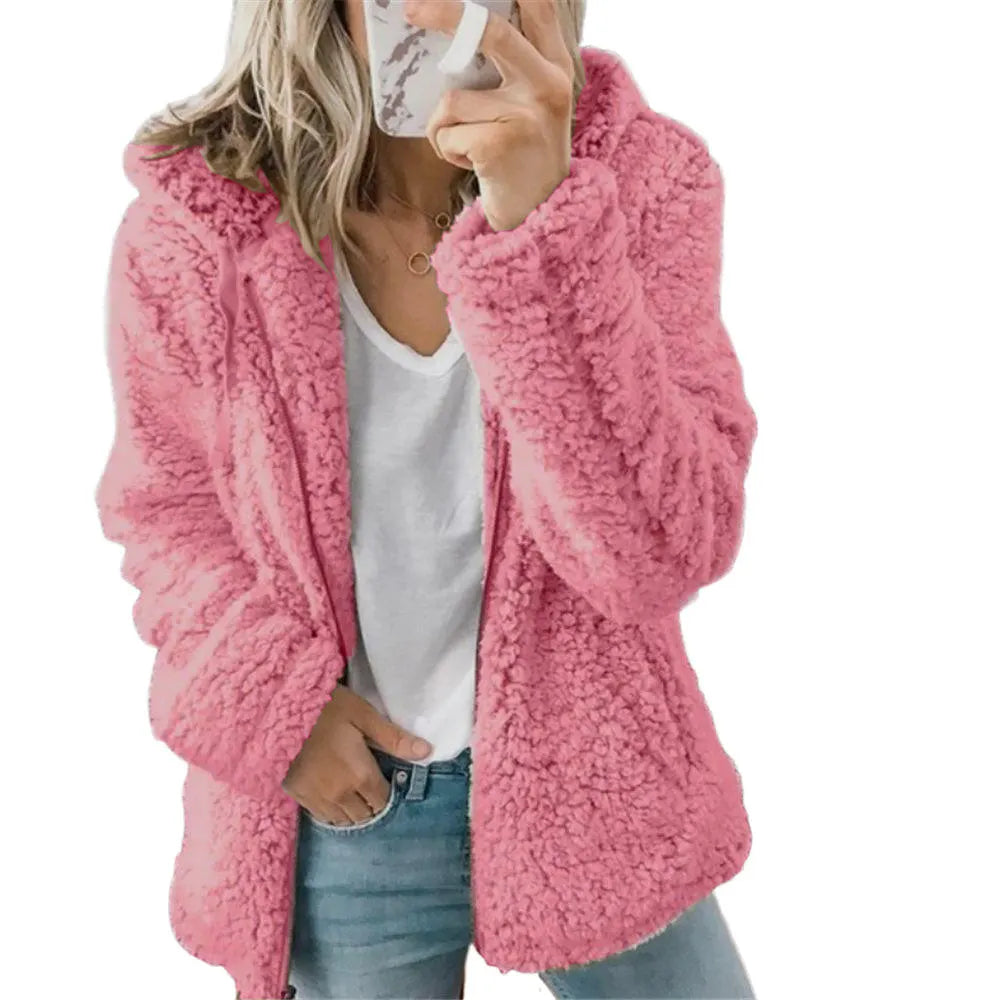 Damen Teddy-Fleece-Mantel mit Taschen und ReiÃŸverschluss