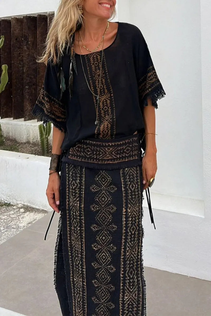 Casual Vintage National Totem Print Tassel Slit O Neck Half Sleeve Two Pieces