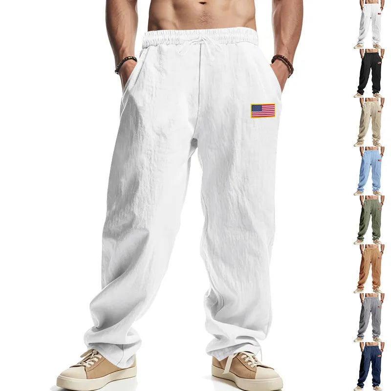 Herren nan lockere Baumwoll-Leinen Freizeithose mit elastischem Bund Kordelzug und dezenter Flaggen-Applikation