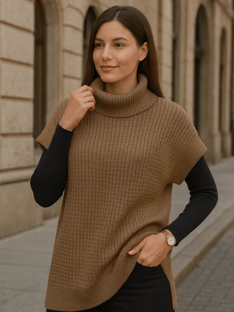 SuÃ©ter Feminino Gola Alta Manga Asa de Morcego Marrom