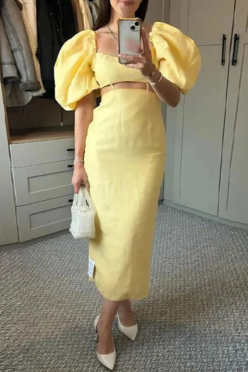 Sexy Solid Color Hollow Out Square Neck One Step Skirt Dresses