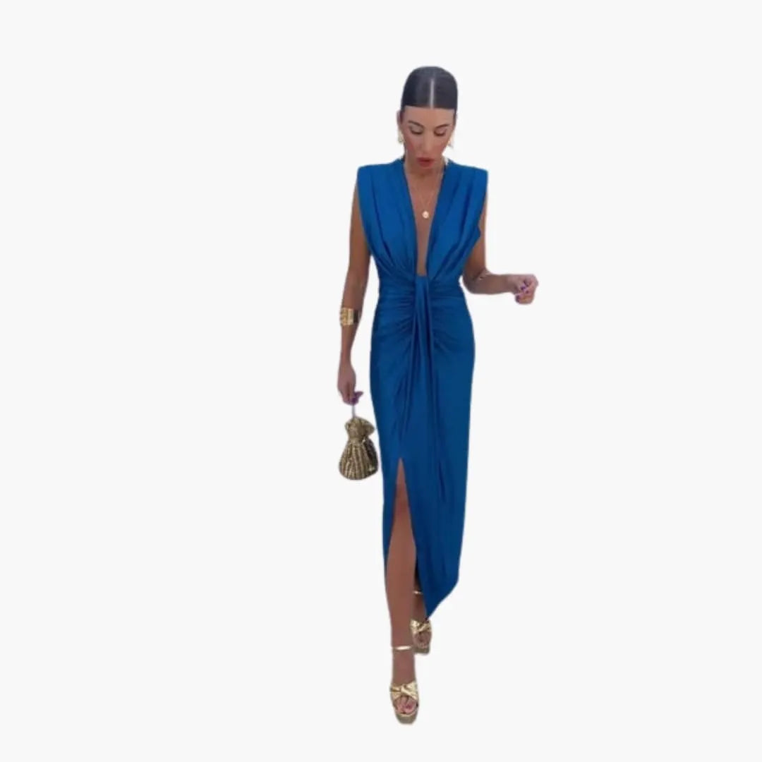 Women's Dress with Ruched Design and V-Neckline