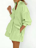 2024 Spring Summer Solid Cotton Short Two Piece Set Women Stripe Long Sleeve Shirts Shorts 2 Piece Sets Simple Style Lady Suit