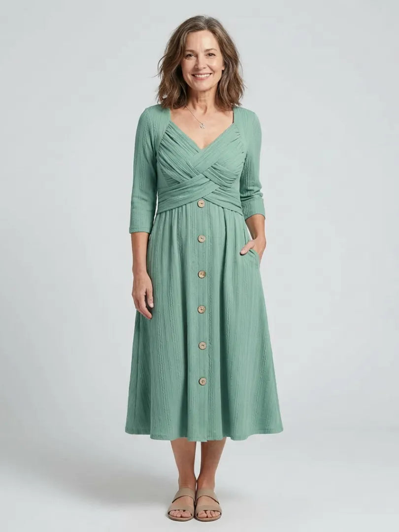 Isolde | Cross Pleated V Neck Button Front Midi Dress