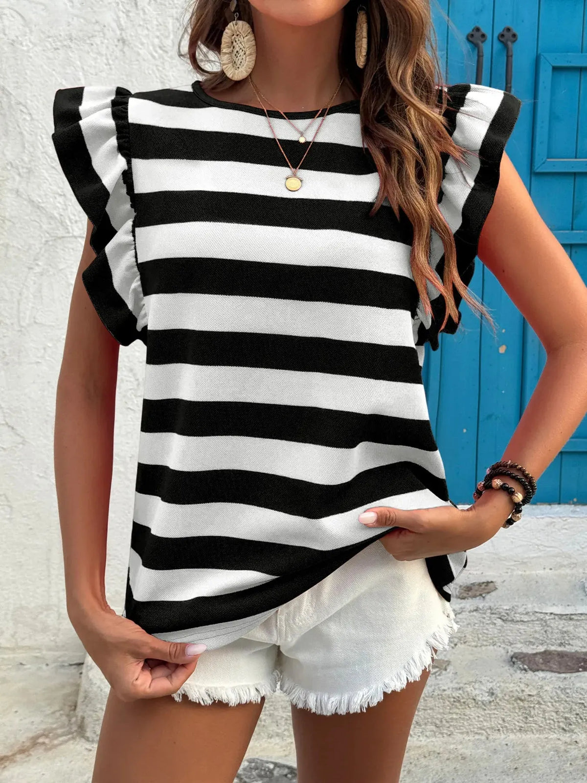 Contrast Striped Ruffle Sleeve T-Shirt