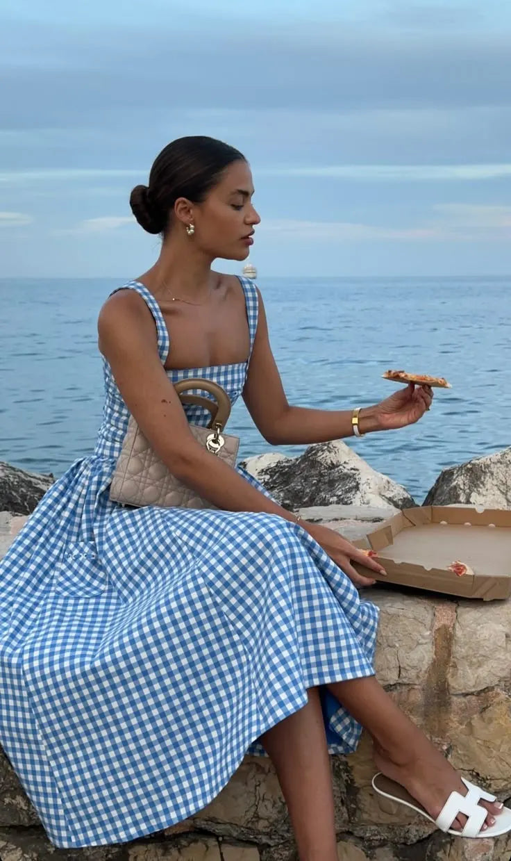 Gingham Kleid – Eckiger Ausschnitt, Knopfdetails