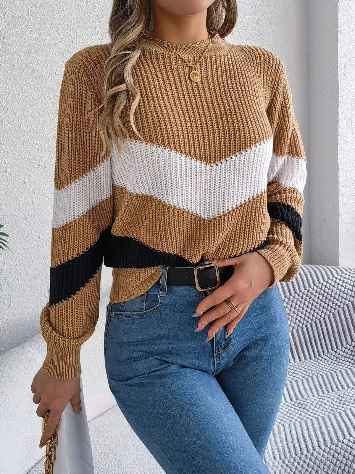 Chevron Stripe Color Block Round Neck Sweater