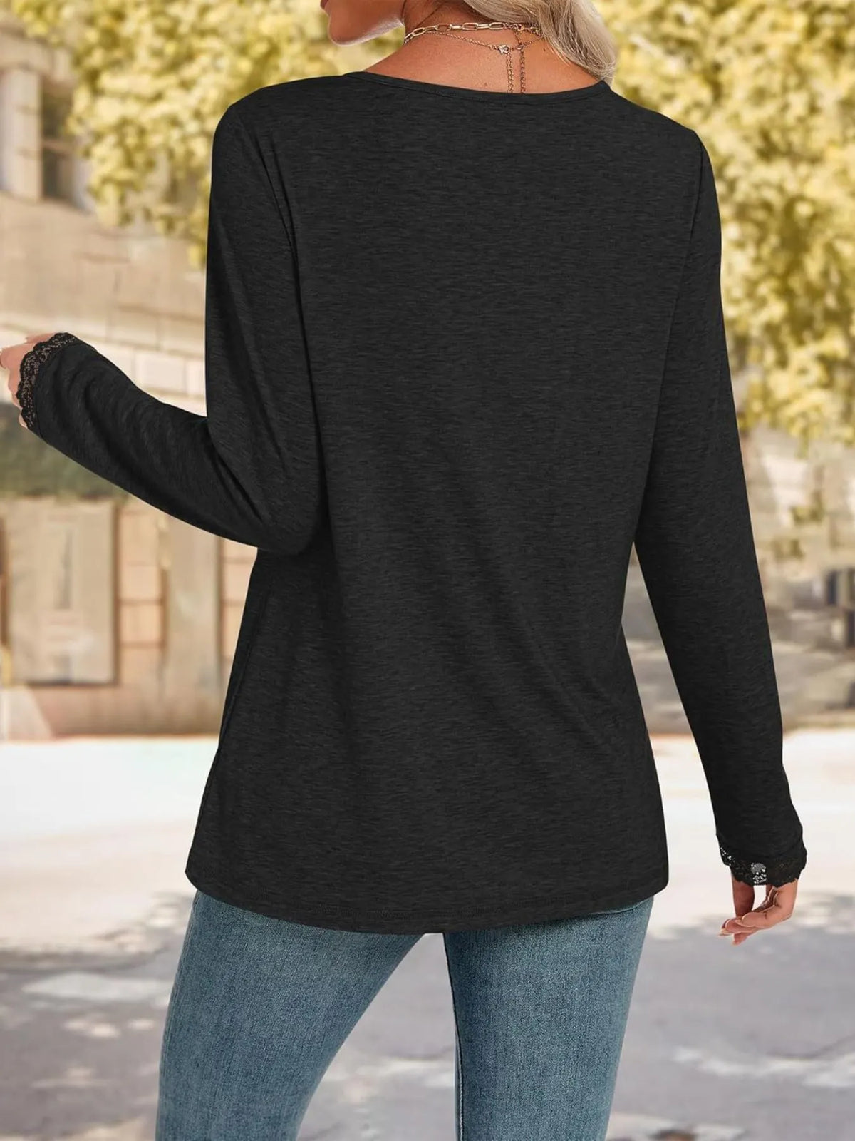Lace Trim V-Neck Long Sleeve T-Shirt