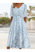 Women's Floral Midi Dress with V-Neckline and Pockets