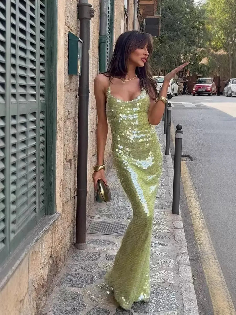 Pailletten Maxi-Kleid – Funkelnde Spaghetti-Träger