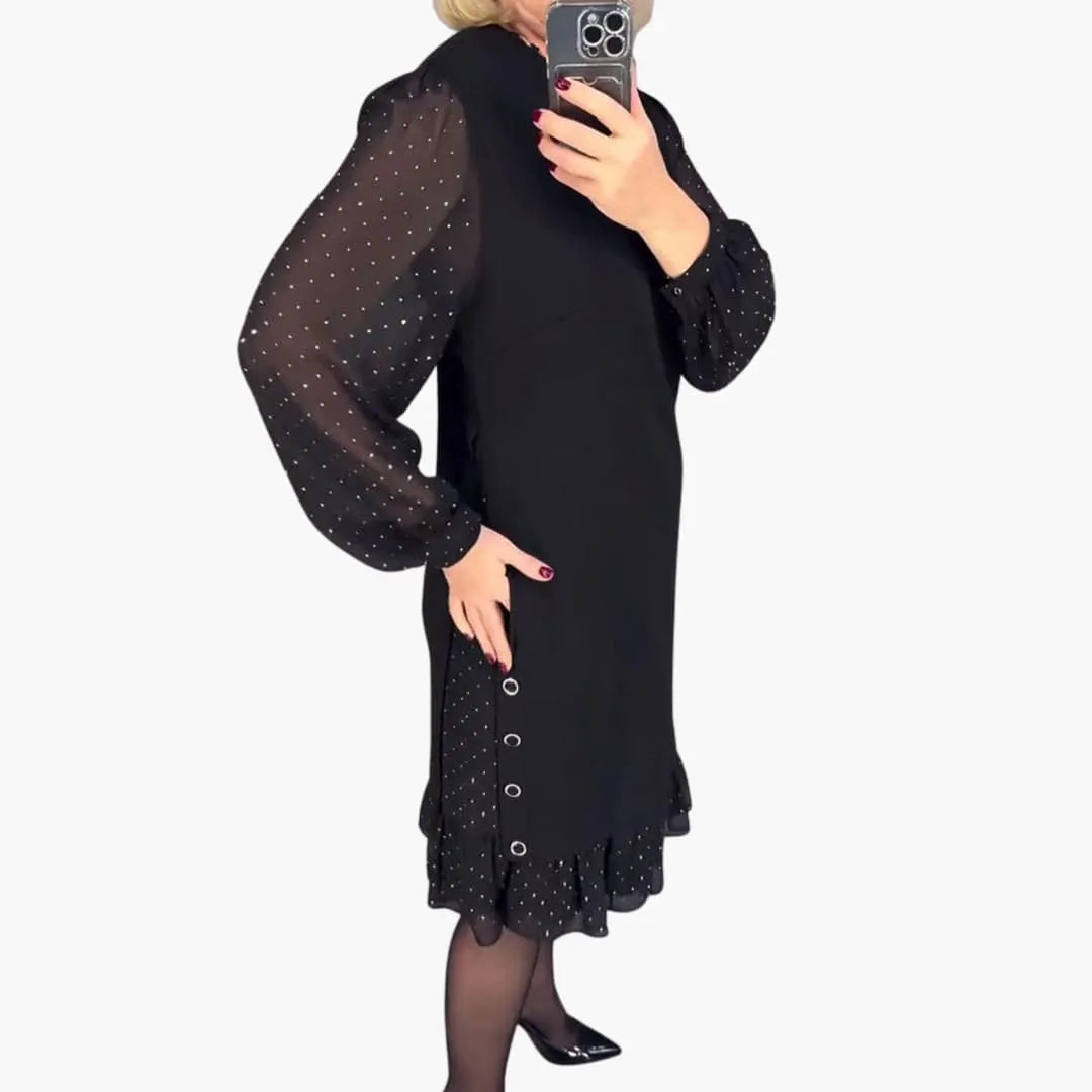 Women's Knee-Length Dress with Sheer Sleeves and Ruffle Hem