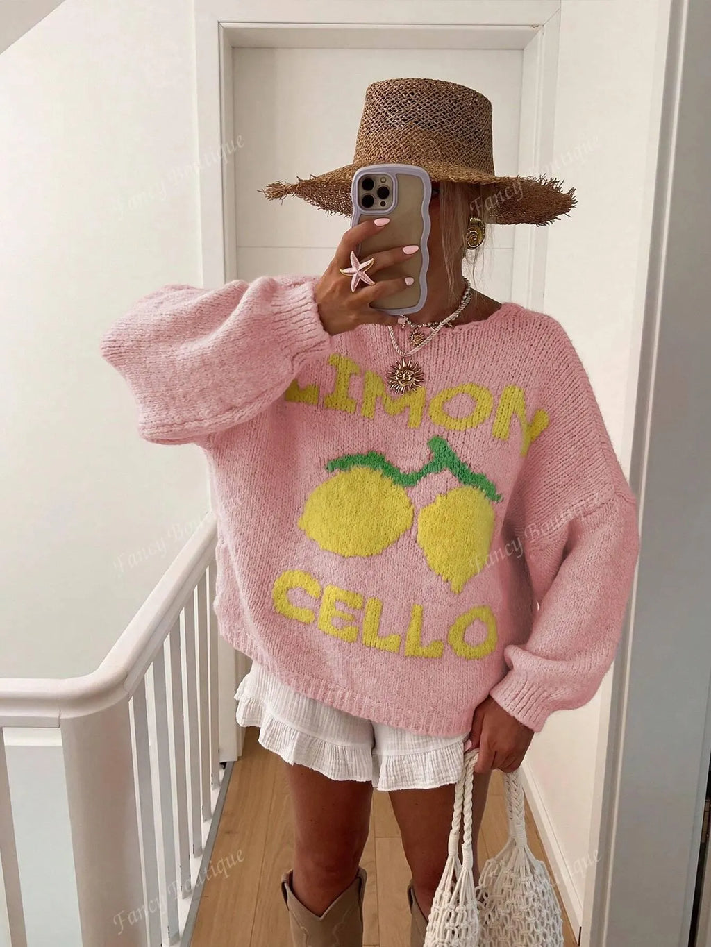 Strickpullover mit Zitronenprint für Damen
