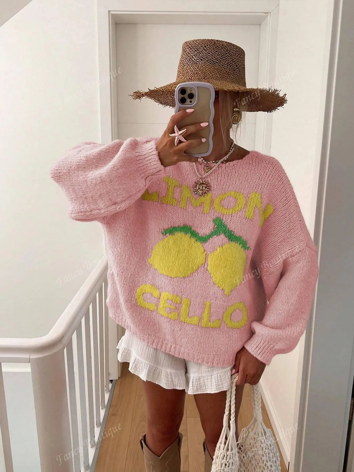 Strickpullover mit Zitronenprint für Damen