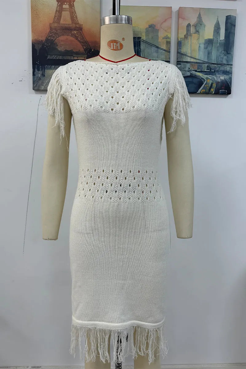 Casual Hollow Out Tassel O Neck Sweater Dress Dresses