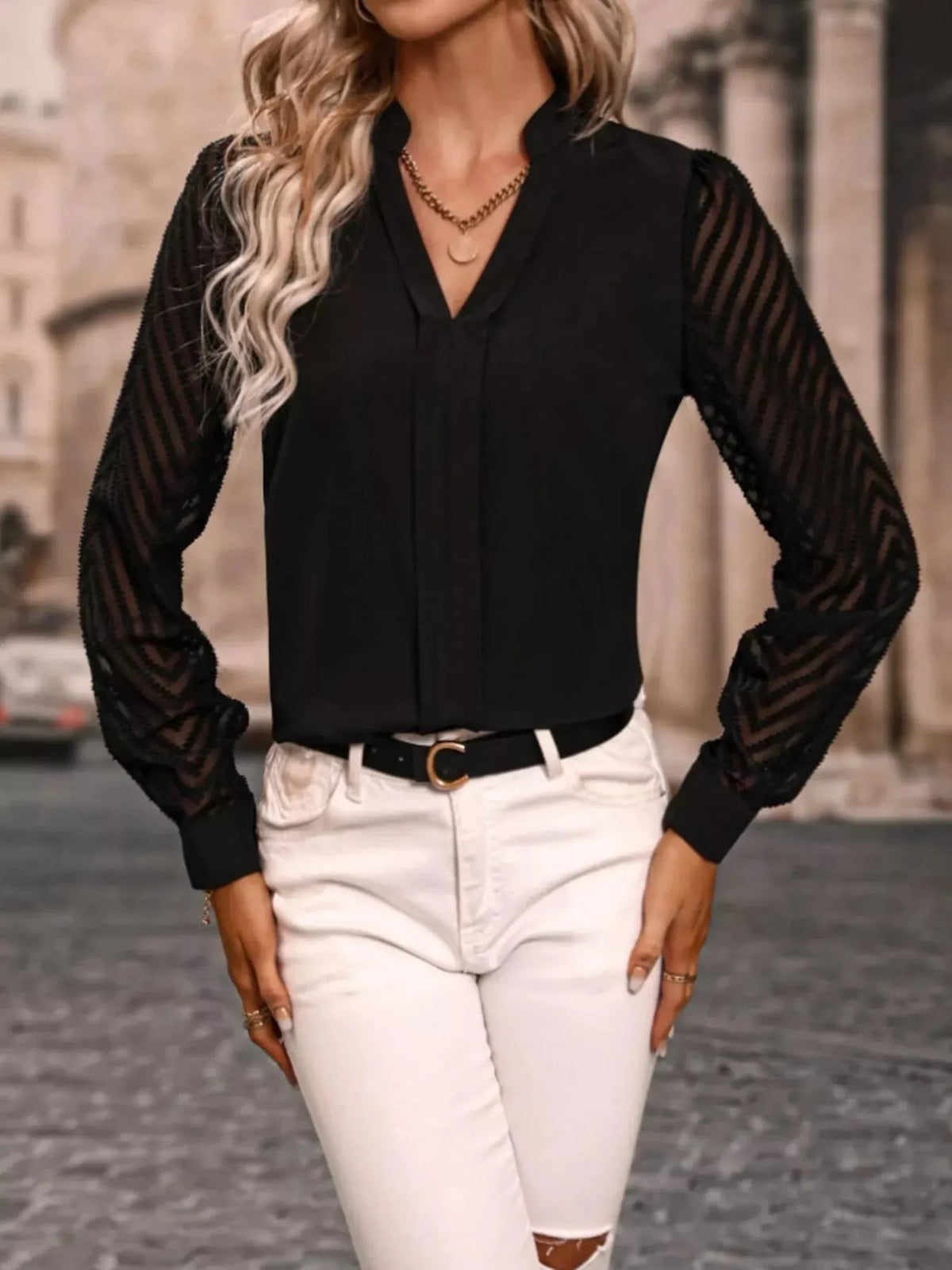 Notched Long Sleeve Blouse