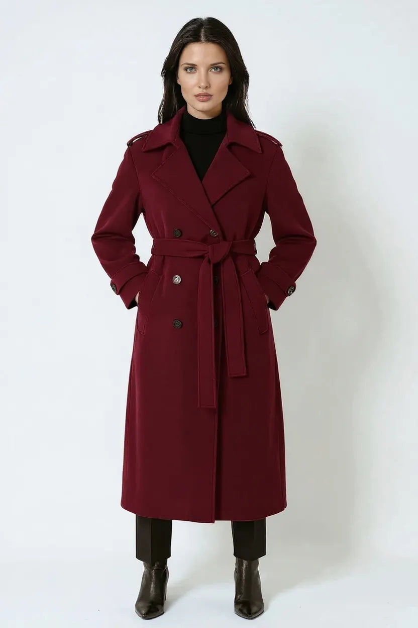 Burgundy Lange Wollen Winterjas – Elegantie & Warmte Voor IJskoude Dagen