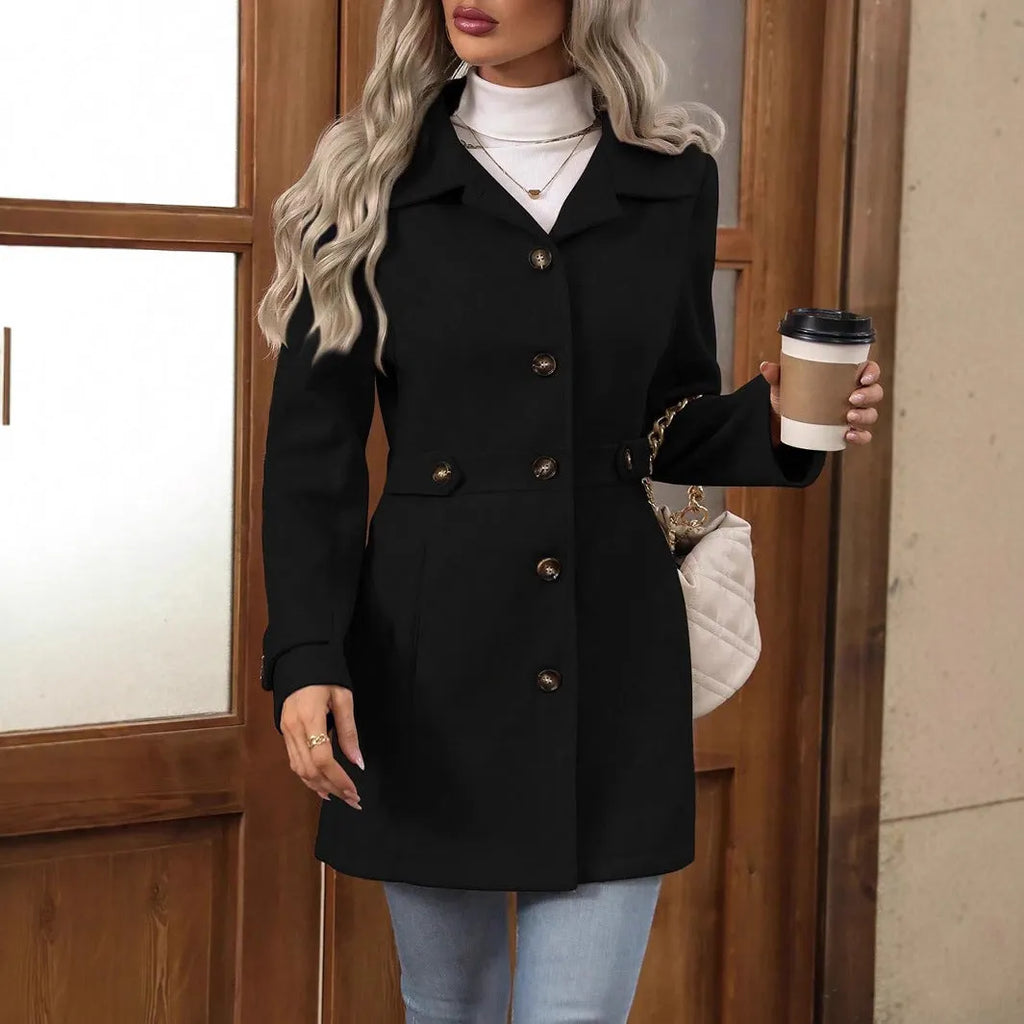 Comfortable Short Women's Coat with Buttons and Notched Collar