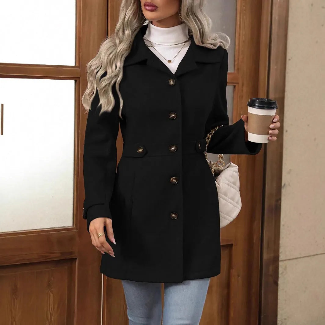 Comfortable Short Women's Coat with Buttons and Notched Collar