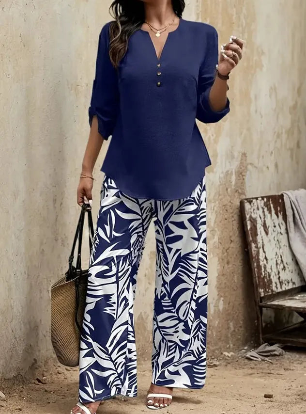 V-neck top and printed pants set