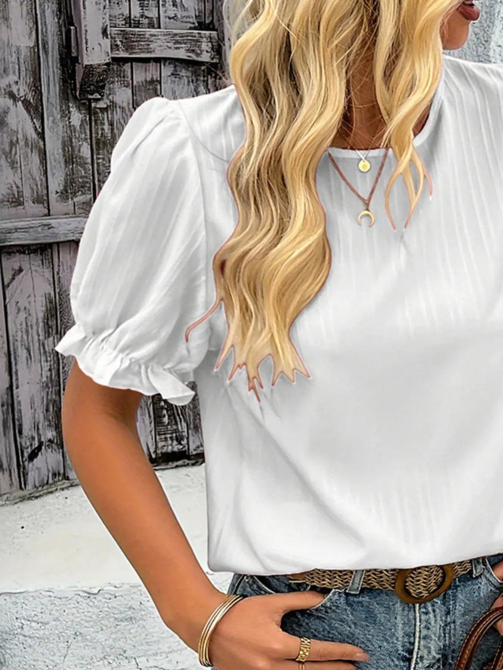 Round Neck Puff Sleeve Blouse