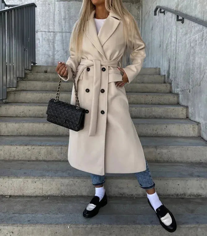 Elegant chic tailored women's wool coat with belt