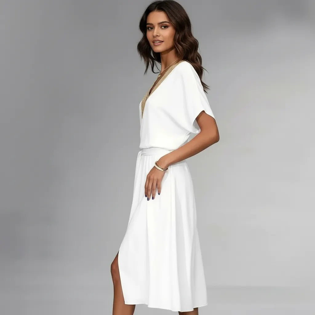Kleid | Goldverzierter V‑Ausschnitt | Sommer