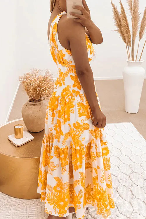 One Shoulder Sleeveless Printed Swing Maxi Dress