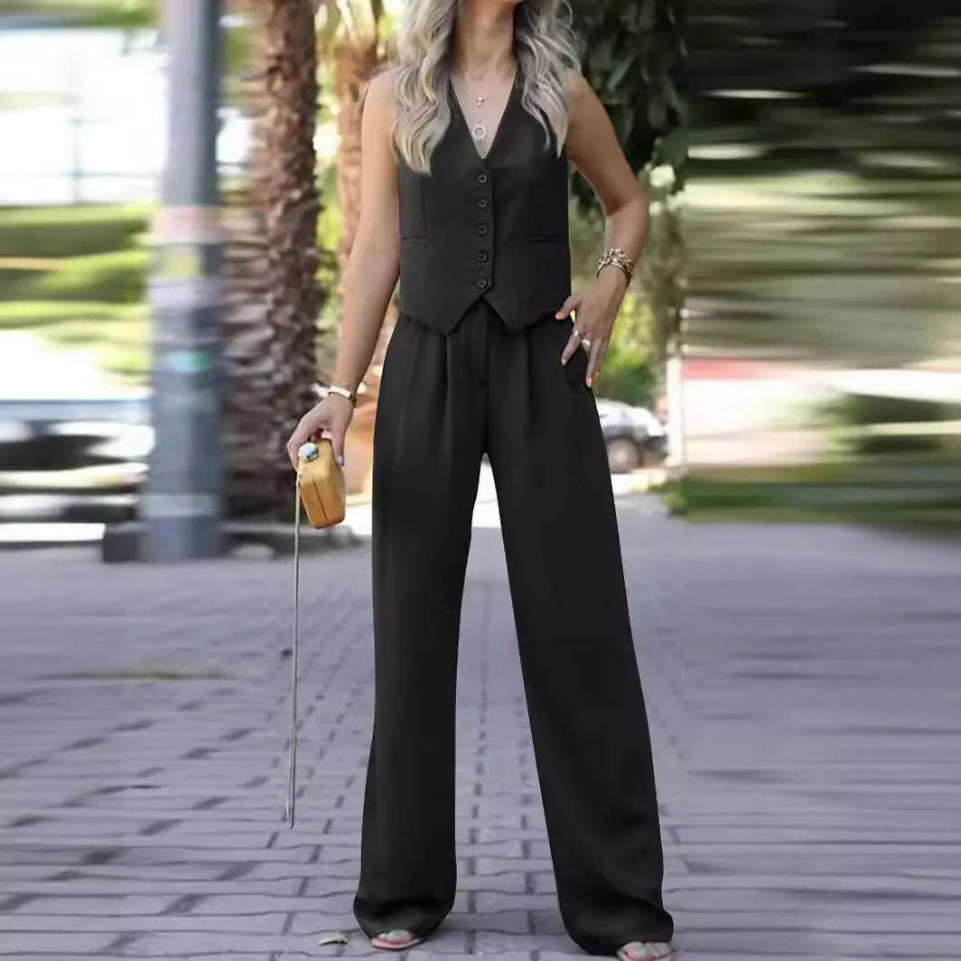 Ärmellose V-Ausschnitt Weste mit Weitem Bein Hose Ensemble