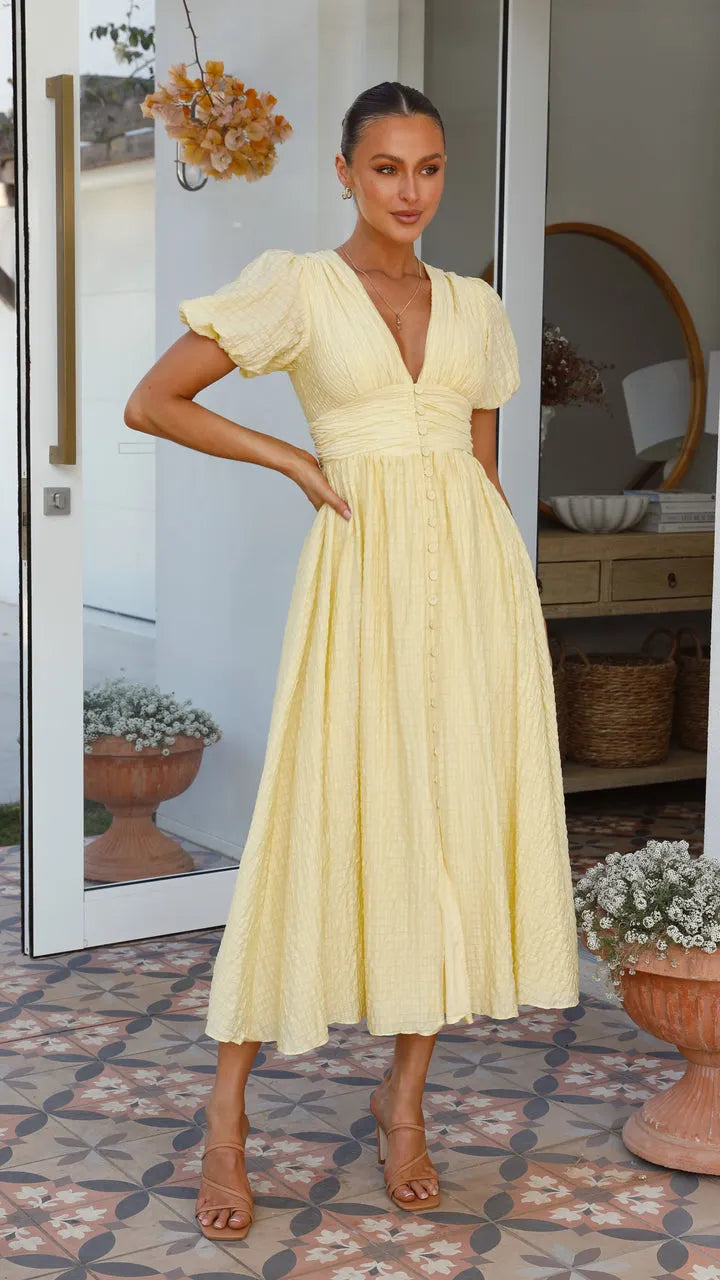 AXELLE | Maxi Zomerjurk Voor Dames Met Structuur, Pofmouwen & Taille Accent - Tijdloos, Luchtig & Zomers