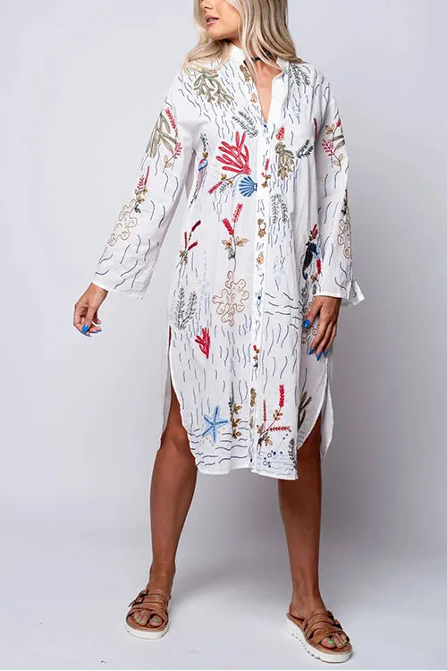 V Neck Long Sleeves Side Split Embroidery Shirt Dress