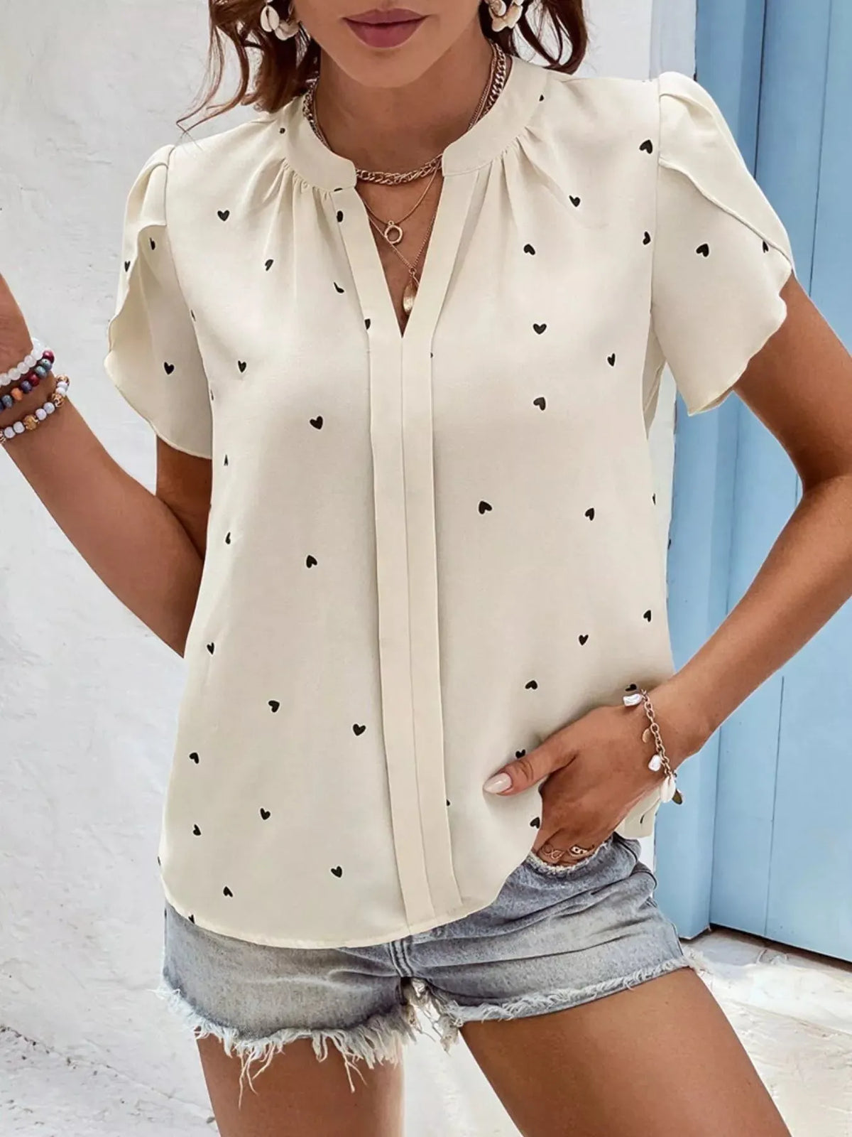 Heart Print Petal Sleeve Blouse