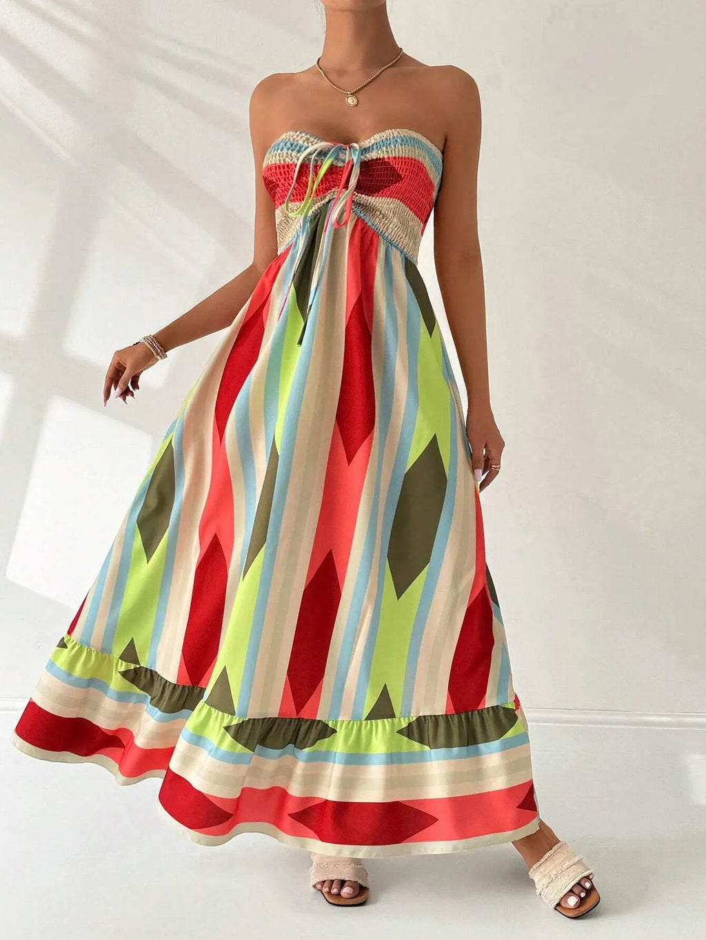 Vestido Longo GeomÃ©trico Multicolorido Bandeau