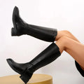 Luxury Black Women's Knee Boots With Low Block Heel And Zipper